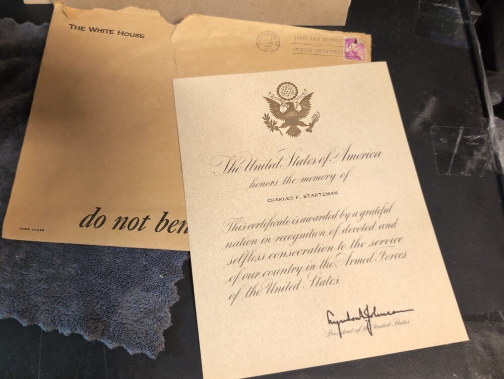 Lyndon B. Johnson letter honoring Veteran et, envelope dated 1964 LBJ Vintage